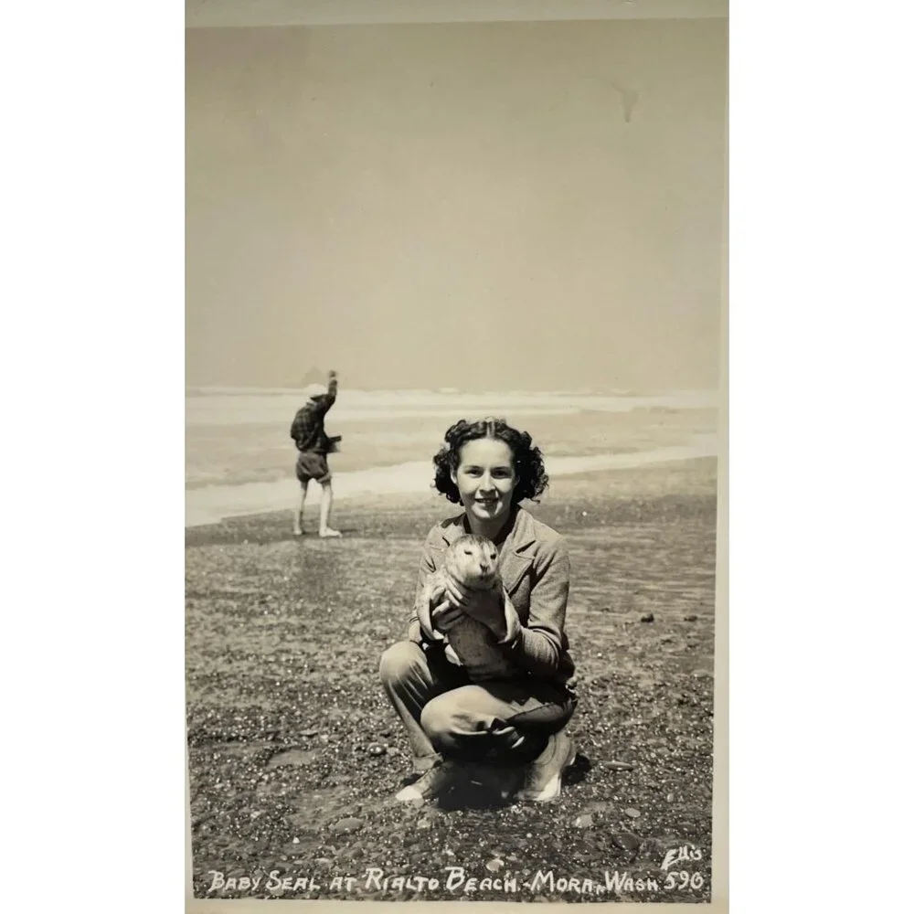 Rialto Beach Mora WA RPPC Postcard Vintage Woman with Baby Seal Snapshot